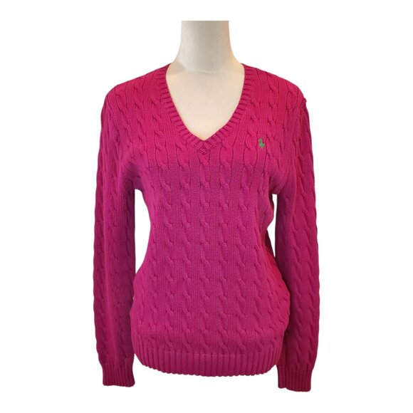 RALPH LAUREN SPORT SZ XL Women's 100% Cotton Cable Knit V-Neck Sweater Fuchsia - Picture 1 of 6